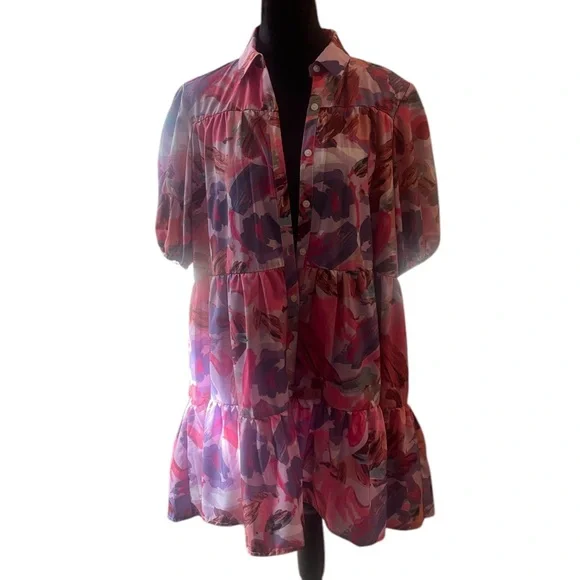 Pink multi colored Floral  Ruffle Hem Smock Dress,baby doll dress,Large,New - Picture 8 of 12